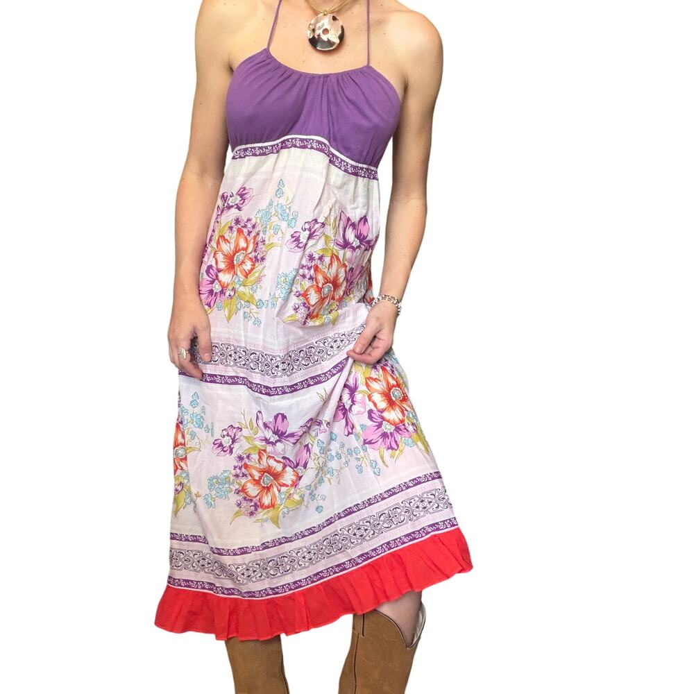 Anthro Lilka Floral Halter Dress | Boho Cottagecore Sundress Purple Pink Midi